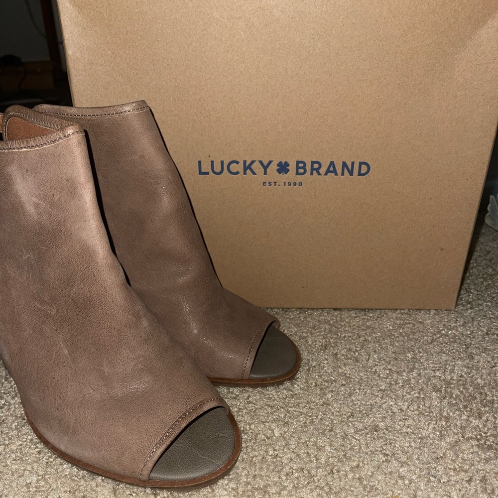 Lucky Brand open toe booties. Barely worn. Good condition.